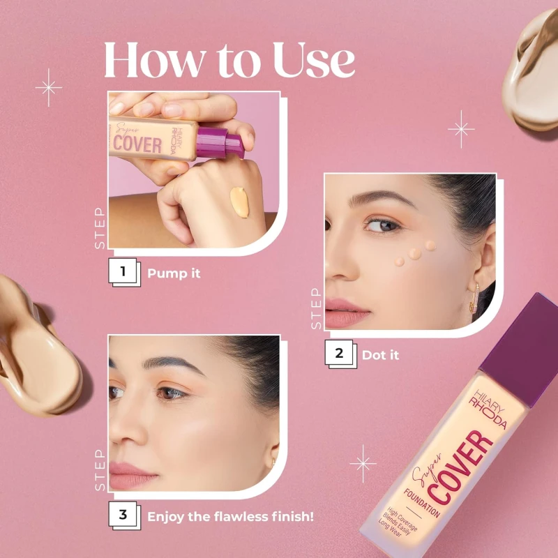 Hilary Rhoda Super Cover Foundation for All Skin Types|Blemish Free|High Coverage & Waterproof Foundation|24-Hour Stay & Non-Sticky Formula|Matte Finish|Blends Flawlessly|30g (Shell White| Shade 01) - Thumbnail 6